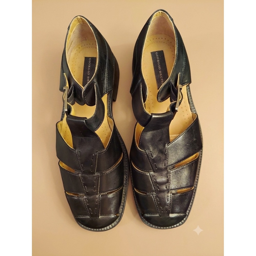 Giorgio Brutini Mens Black Leather Fisherman Sandals Square Toe Made in Brazil